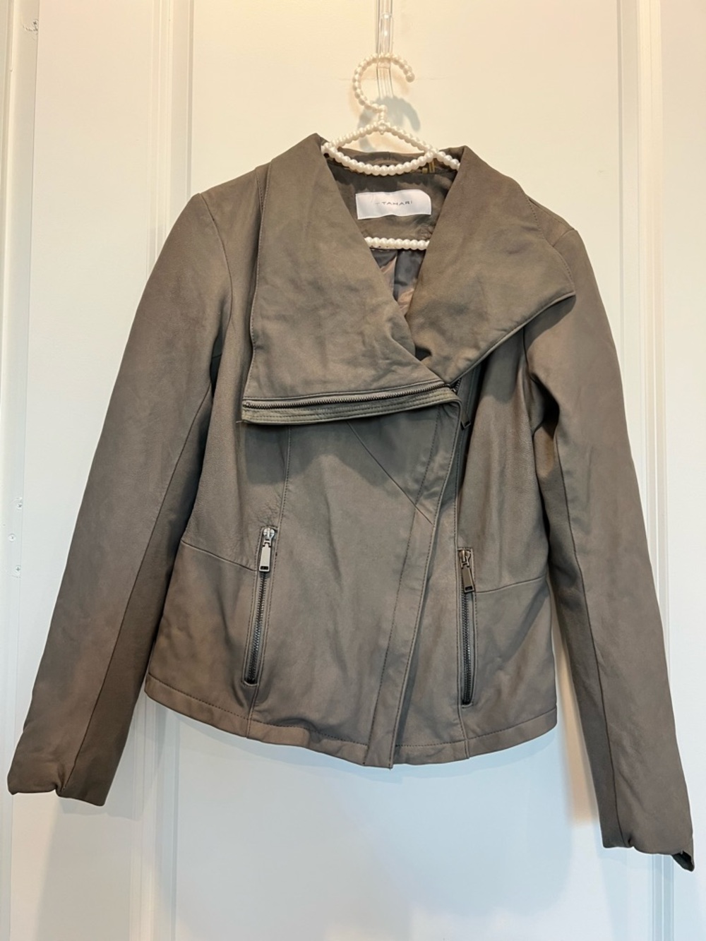 Tahari Faux Leather Moto Jacket Taupe Zip Front Jacket Small